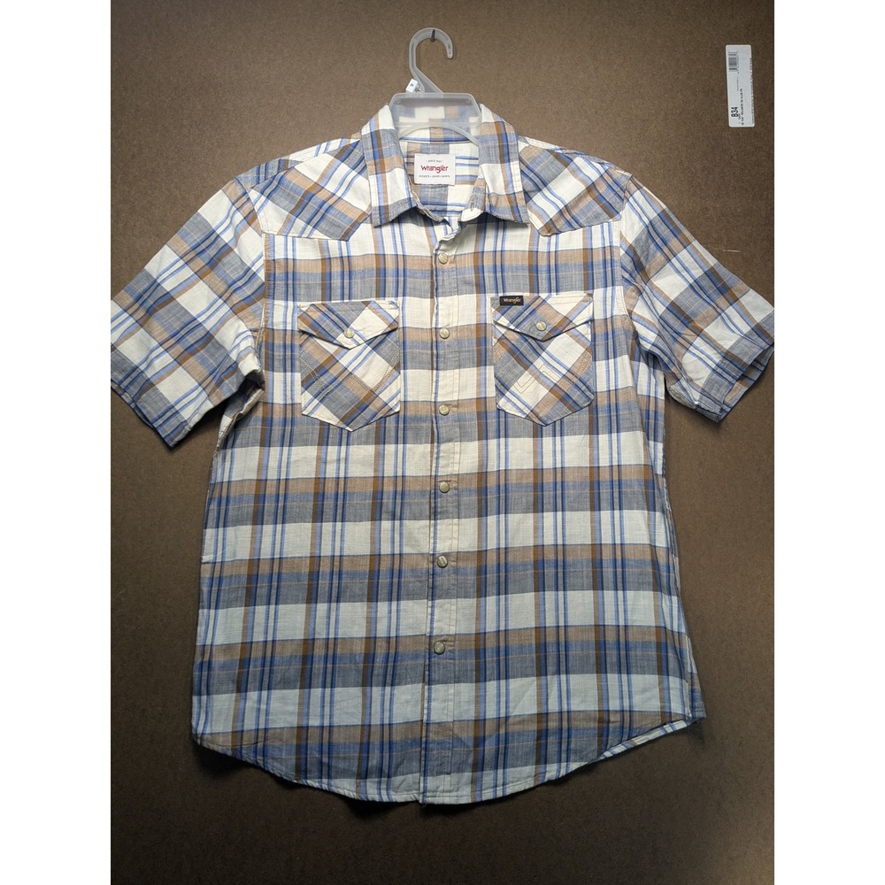 Wrangler Mens Plaid Western Pearl Snap Short Sleeve Shirt Blue Tan Medium